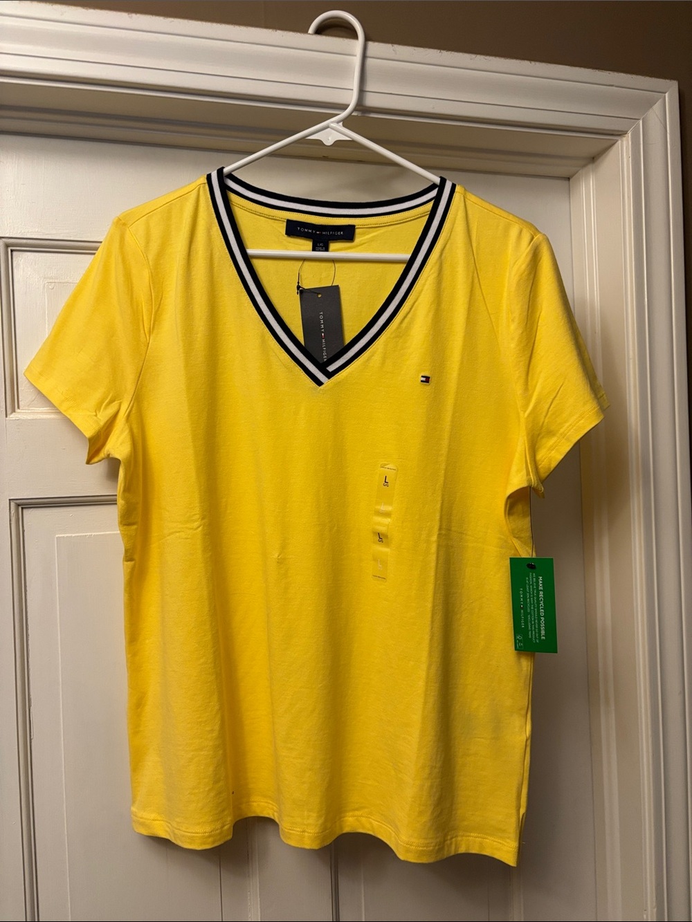 Tommy Hilfiger Yellow V-Neck Tee with Striped Collar